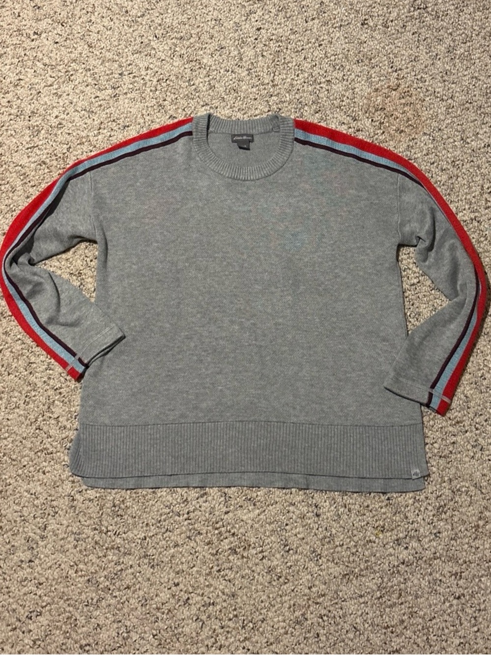 Eddie Bauer Gray Crewneck Sweater with Red & Blue Sleeve Stripes - Picture 2 of 7